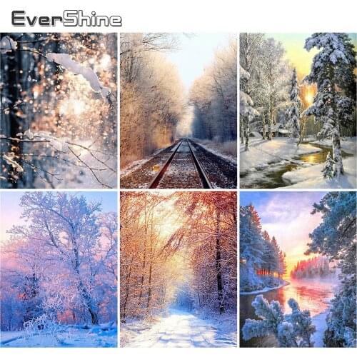 EverShine Full Square Diamond Embroidery Winter Forest Diamond Painting Scenic Rhinestone Cross Stitch Mosaic Sunset Home Decor