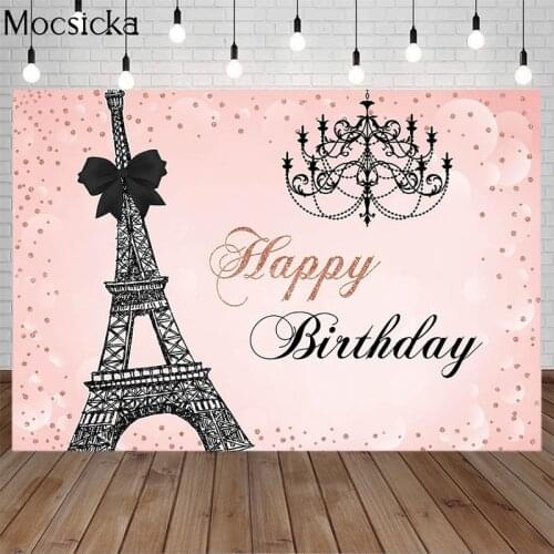 Mocsicka Eiffel Tower Photography Background Pink Backdrop Happy Birthday Party Child Portrait Decoration Props For Photo Studio