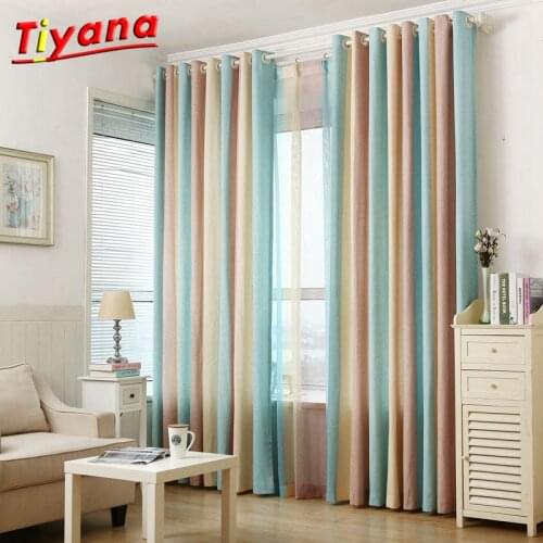 Blue yellow brown striped jacquard art modern fancy cotton linen curtain cloth and voile tulle living room bedroom WP391 *30