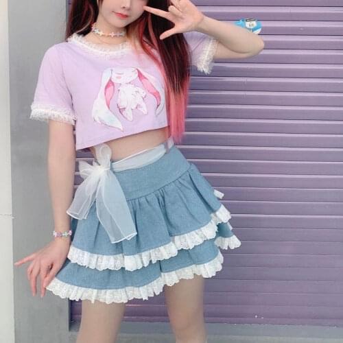 Summer Korean Fashion Lace Denim Short Skirt High Waist Pettiskirt Cute Student Hot Girl French Japanese Cake Women Mini Skirts