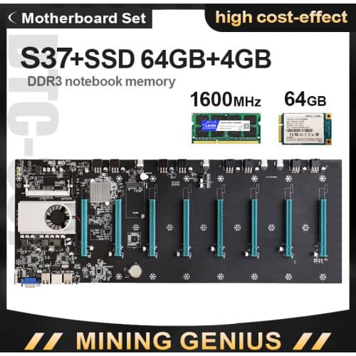 Riserless Mining Motherboard BTC-S37 Etherum Mining CPU Set with 64GB MSATA SSD DDR3 4GB 1600MHZ RAM SET