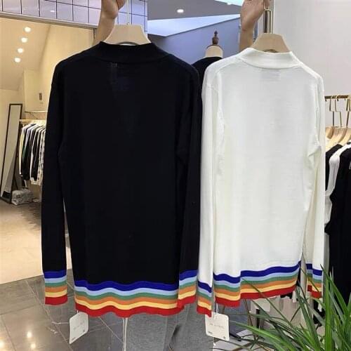 Fashion brand colorful mens cardigan sweater top long-sleeved sweater striped V-neck slim pullover