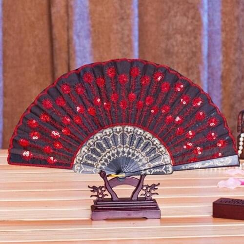 Fashion Folding Peacock Sequin Dance Fan Carved Fabric Bamboo Hand Fan Print Home Decor Embroidery for Parties