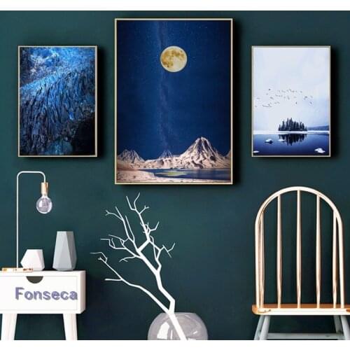 Wall Art Abstract Starry Landscape Posters Snow Mountain River Canvas Painting Printed Decorative Picture for Living Room