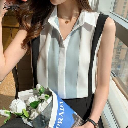 Summer 2021 New Vest Shirt Women Sleeveless Chiffon Shirt Cardigan Fashion Striped Shirts Lady Tops Blusas Casaul Clothes 13923
