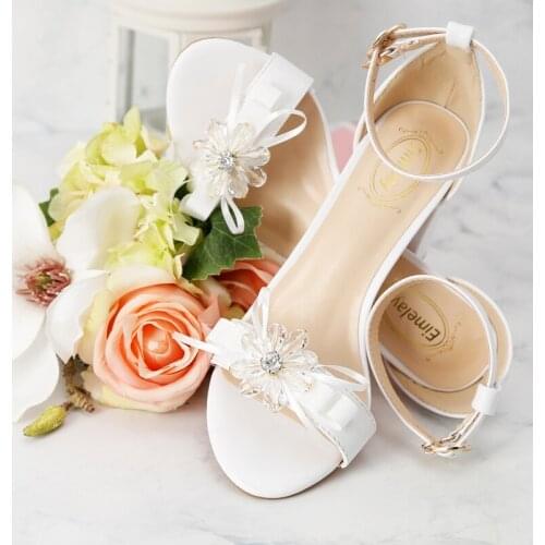 Summer New Ins Womens White Crystal Flower Peep Toe Chunky Heel A- line Semi-High Heeled Size Bridesmaid Bridal Shoes