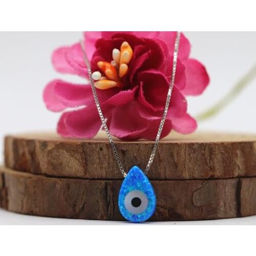 1pc/lot) 925 Silver Box Chain Necklace 8*12mm Pear Evil Eye Opal Synthetic OP05 dark Blue Fire Opal Pendant Necklace For Women