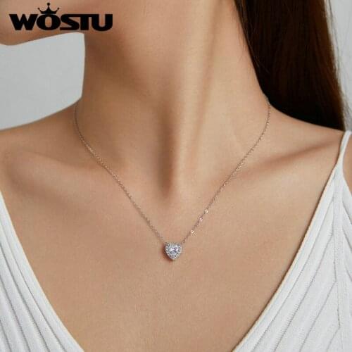 Wostu New 925 Sterling Silver Bright Love Dazzling Shiny CZ Necklace Chain Heart Shaped Wedding Party Jewelry Gift DXN455