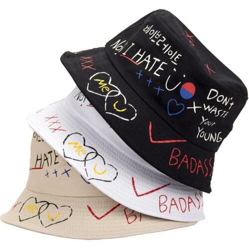 Unisex Harajuku Graffiti Letter Bucket Hat Women Men Fishing Fisherman Hat Summer Outdoor Fashionable Panama Hip Hop Cap