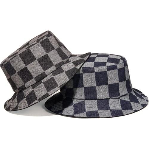 2021 Womens Summer Bucket Hat Flat Hip-Hop Denim Plaid Autumn Grid Fashion Design Fisherman Hat Unisex Panama Bob Cap