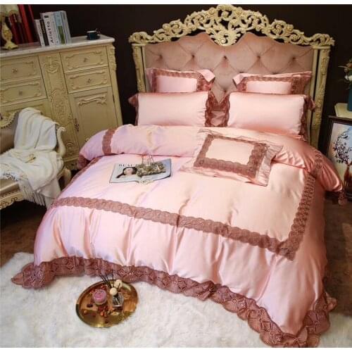 Princess bed lace lotus leaf edge Egyptian cotton velvet quilt cover Blue Pink romantic bedding sheet pillow cover