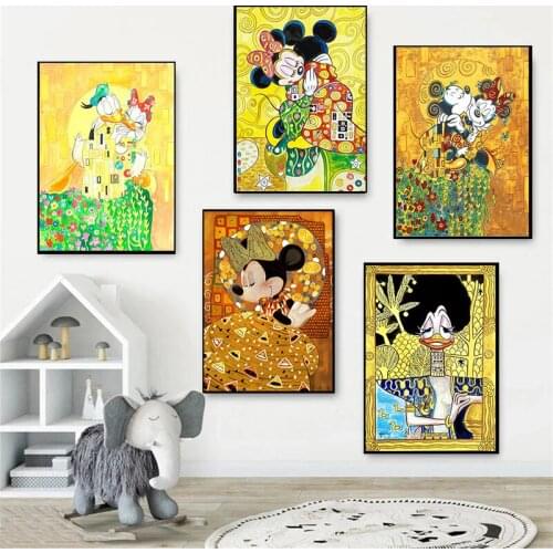Disney Poster and Print Mickey and MinnieInspired by Gustav Klimt Canvas Painting Wall Art Picture for Living Room Home Decor