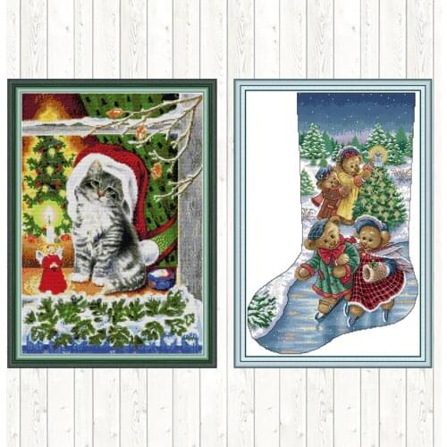 Bears Christmas Stocking Christmas Cross Stitch Kits Patterns Kits Embroidery Needlework Sets DIY Needlework Crafts Home Decor