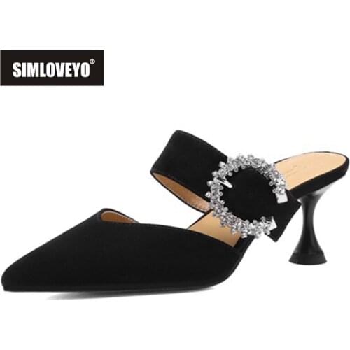 SIMLOVEYO 2021 Elegant Sandals Pointed Toe Rhinestone 7cm High Spool Heel Leather Slip-On Slingbacks Summer Mules Black Apricot