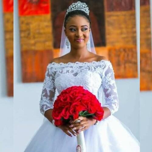 Vestido de Noivas Vintage Ball Gown Lace Wedding Dress Off Shoulder 3/4 Sleeve Robe De Mariage High Quality Custom Made Gown