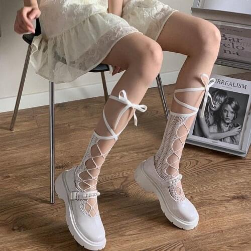 Japanese Hollow Knee High Socks Gothic Bottoming Long Stockings Lolita Kawaii Lace Black and White Lace Mesh Calf Socks Woman