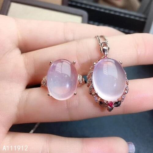 KJJEAXCMY fine jewelry natural Rose Quartz 925 sterling silver women pendant necklace chain ring set support test noble