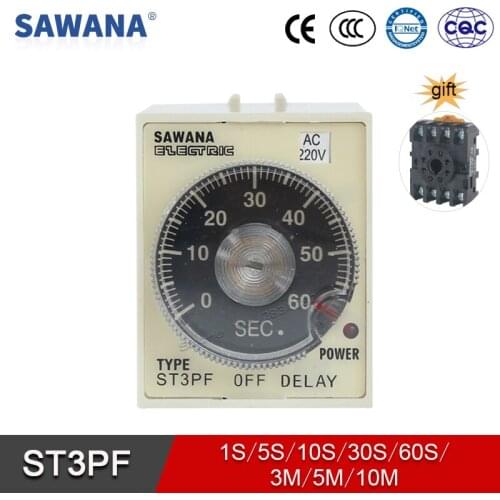 OFF Delay Time Relay Digital Timer ST3PF AC220V 110V DC 24V 12V Timer Relay 8 pin SPDT with Base 1S 5S 10S 30S 5M 10M Relays