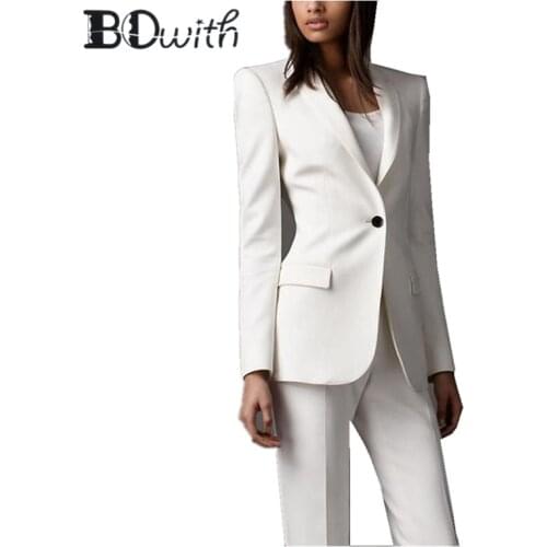 High Quality White Women Pantsuits Work Pant Suits OL 2 Piece Sets Women Blazer Jacket & Pencil Pant Suit For Women Set