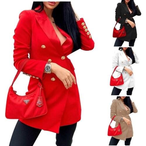 Womens Autumn Winter Slim Solid Color Solid Color Long-sleeved Double-breasted Mid-length Suit Jacket Feminine Lapel Pocket Top
