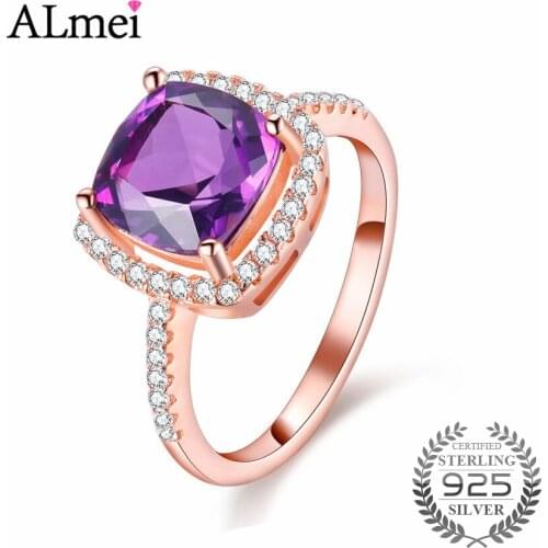 Almei Female 925 Sterling-Silver-Jewelry Amethyst Gemstone Rose Gold Color Statement Love Rings for Women with Gift Box 40%FJ018