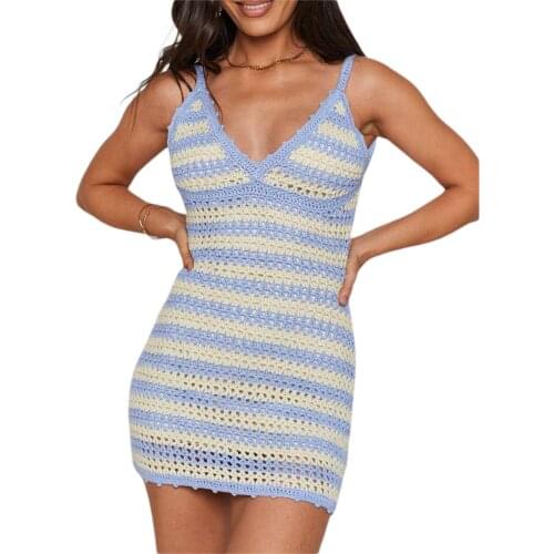 Women Summer Knitting Dress Sleeveless V-Neck Striped Slimming Summer Mini Dress Bodycon Slim Sexy Club Party Dresses