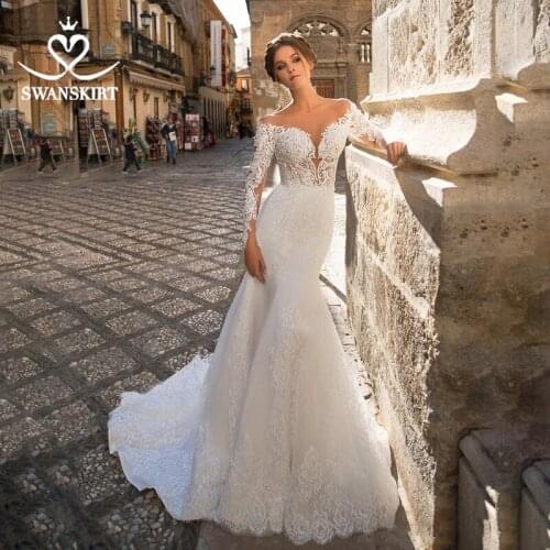 Sweetheart Mermaid Wedding Dress Vintage Long Sleeve Illusion Court Train SwanSarah GI27 Bridal Gown Princess Vestido De Novia