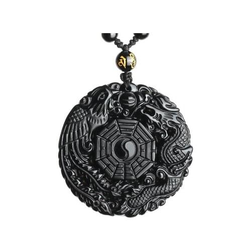 Natural Black Obsidian Pendant Necklace Dragon Phoenix with Chain the Eight Trigrams Pendant Amulet Peace Mascot For Men/Women