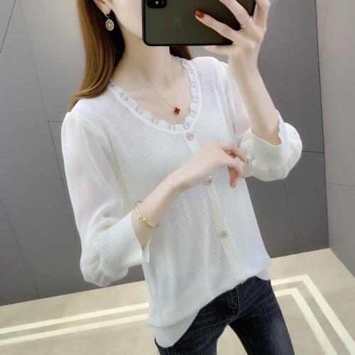 2021 Top Fashion Sale 20216 (1 6 Row 3) Film Round Collar Lace Splicing Sleeve Buttons Pure Color Ice Cardigan 50