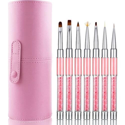 7pcs Pink LED UV Gel Nail Pen Brush Set Handle Acrylic Drawing Brush Liner Painting Gel Polish Crystal Nail Art Manicure Tools