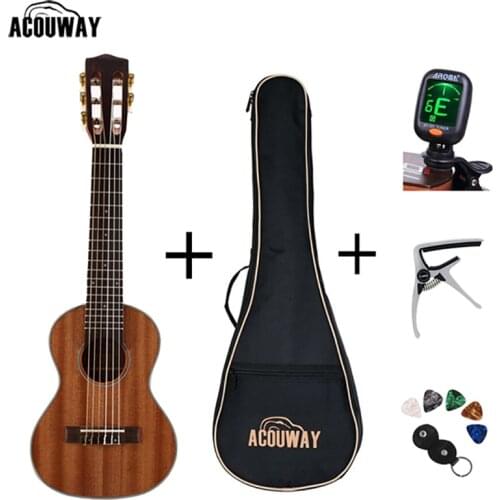 Acouway 28 inch Guitar Guitalele Guitarlele Hawaii Ukulele Sapele body 6 Strings 18 Frets Classical Knob with optional bag,tuner