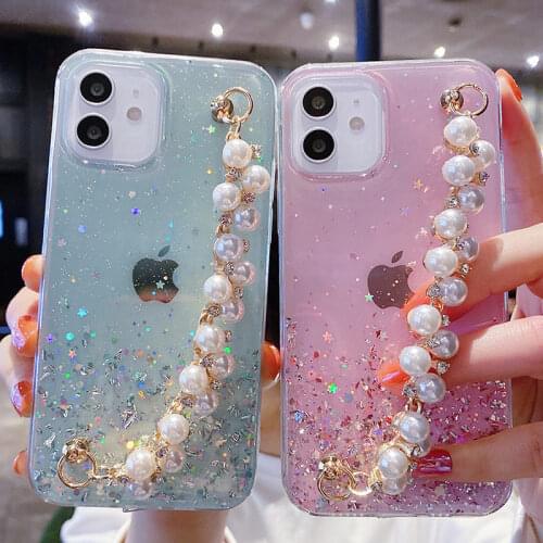 Gradient Pearl Wrist Chain Phone Case For iPhone 12 Pro Max 11 12 Mini XR XS Max X 7 8 Plus 11 12 Pro SE2020 Transparent Cover