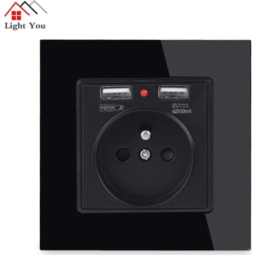 French Standard Glass Panel Dual USB Charge Port 2.1A Wall Charger Adapter LED Indicator 16A French Power Socket Black Color