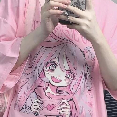 Japanese cute Short Sleeve T-Shirts harajuku Kawaii sweet girl print femme t shirt pink kpop aesthetic oversized clothes y2k top
