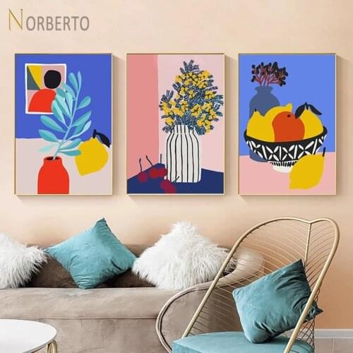 Modern Style Canvas Painting Poster Print Morandi Flowers Fruit Kitchenwares for Living Room Bedroom Kitchen Wall Decoration
