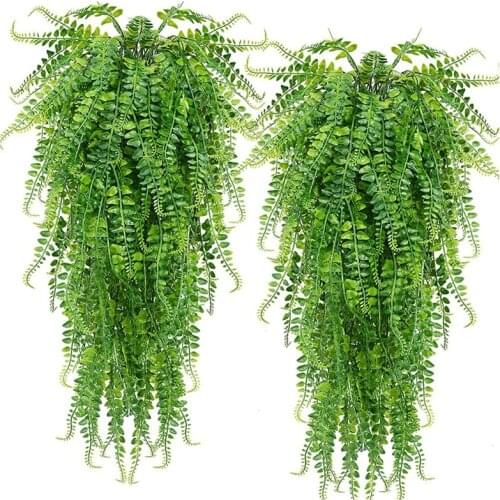 2 Pcs Artificial Hanging Ferns Plants Vine Fake Ivy Boston Fern Hanging Plant Outdoor UV Resistant Plastic Plants