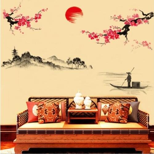 Chinese Style Sakura Japanese Pink Cherry Blossom Tree Decor Wall Sticker Decor