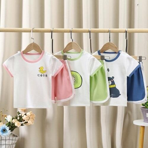 Summer Girls Pure Cotton Two Piece Set Children Short Sleeve Suit Boys And Girls Print Fruits T Shirt Shorts Set Girls Outfits