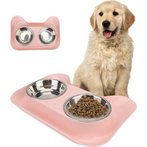 Cat Feeding Food Feeder Leakproof Pet Drinking Bowl tray Dog Cat Food Container Double Stainless Steel Dish No Spill Feeder