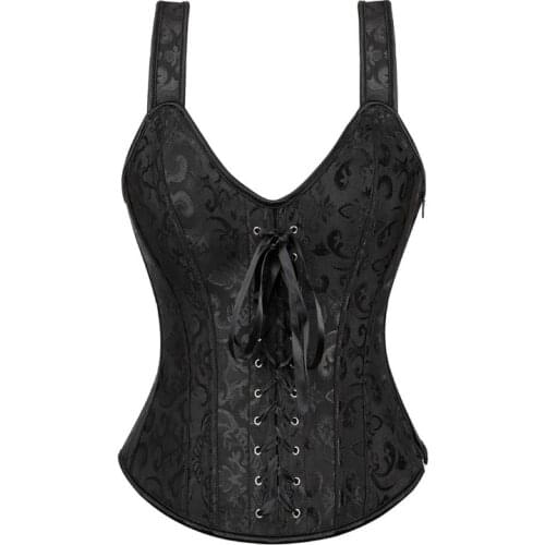 Women Gothic Corsets and Bustiers Satin Sexy Brocade Corset with Straps Plus Size Zipper Jacquard Overbust Corset Vest Vintage
