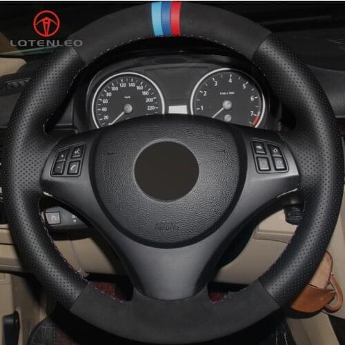 LQTENLEO Black Suede Genuine Leather DIY Car Steering Wheel Cover for BMW M Sport 1 Series E87 E81 E82 E88 120i 130i 120d X1 E84