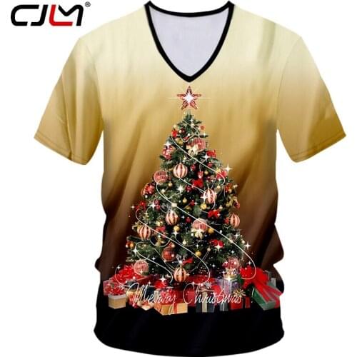 CJLM Man New Style Personality Colored Trend T-shirt 3D Printed Christmas Tree Large Size Mens Casual Sports V Neck Tshirt