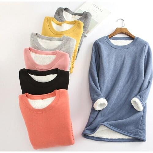 New Autumn Winter Casual Warm Thick Bottoming T-Shirts Women Loose Full Sleeve Long T-Shirt Women Slim Lambswool Pullovers Mw541