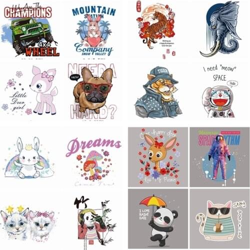 Elephants Rabbit Animal Iron on Transfer Mushroom Panda Tiger Cat Patches for Clothes DIY T-shirt Applique Heat Transfer Vinyl