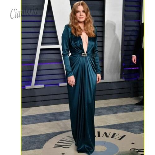 Long Sleeve Prom Dresses 2020 Deep V Neck Ruched Evening Gowns Floor Length Crystal Sash Custom Made Special Occasion Dress