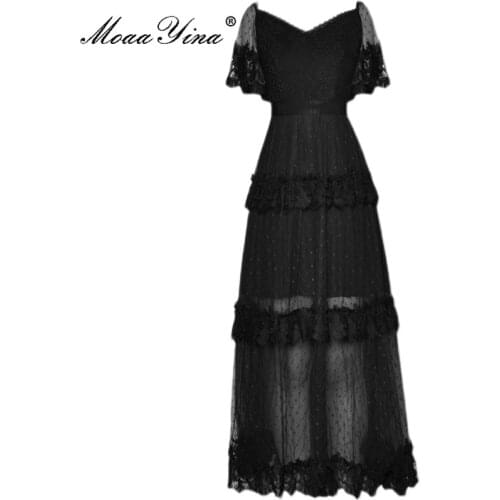 MoaaYina New 2021Fashion Runway Summer Sexy Black Dress Women V-neck Backless Mesh Dots Print Lace Patchwork Elegant Party Dress