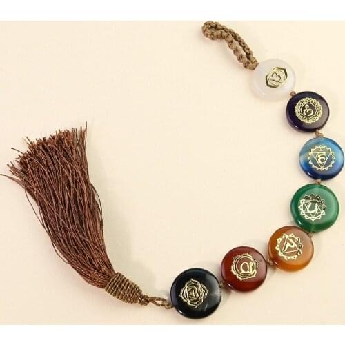 Chakela Natural Agate Jade Wall Hanging Colored Stone String Seven Chakra Symbols Home Car Hanging Jewelry Flat Round Gift