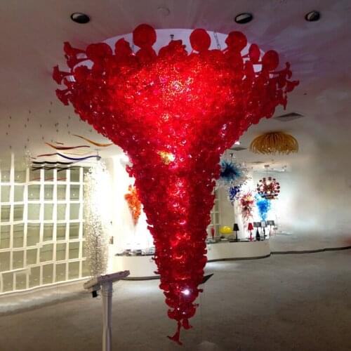 Factory Direct Sale Red Colored Flower Shape Pendant Lamps Hand Blown Murano Glass Large Hotel Wedding Hall Chandelier Lighting