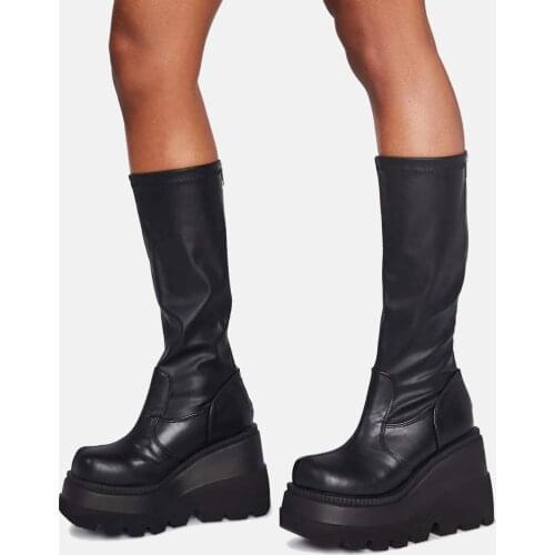 RASMEUP New Big Size 43 Shoelaces Wedge High Heels Platform Tide Trendy Cool Autumn Winter Mid-Calf Boots Shoes Women Footwear