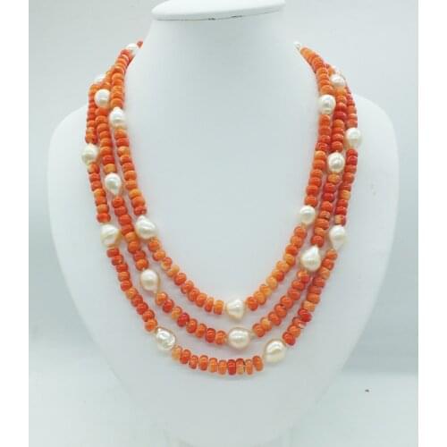 Rare! the last one! 3 rows of natural orange coral and natural pearl necklace, the most classic bridal wedding necklace 18-22"